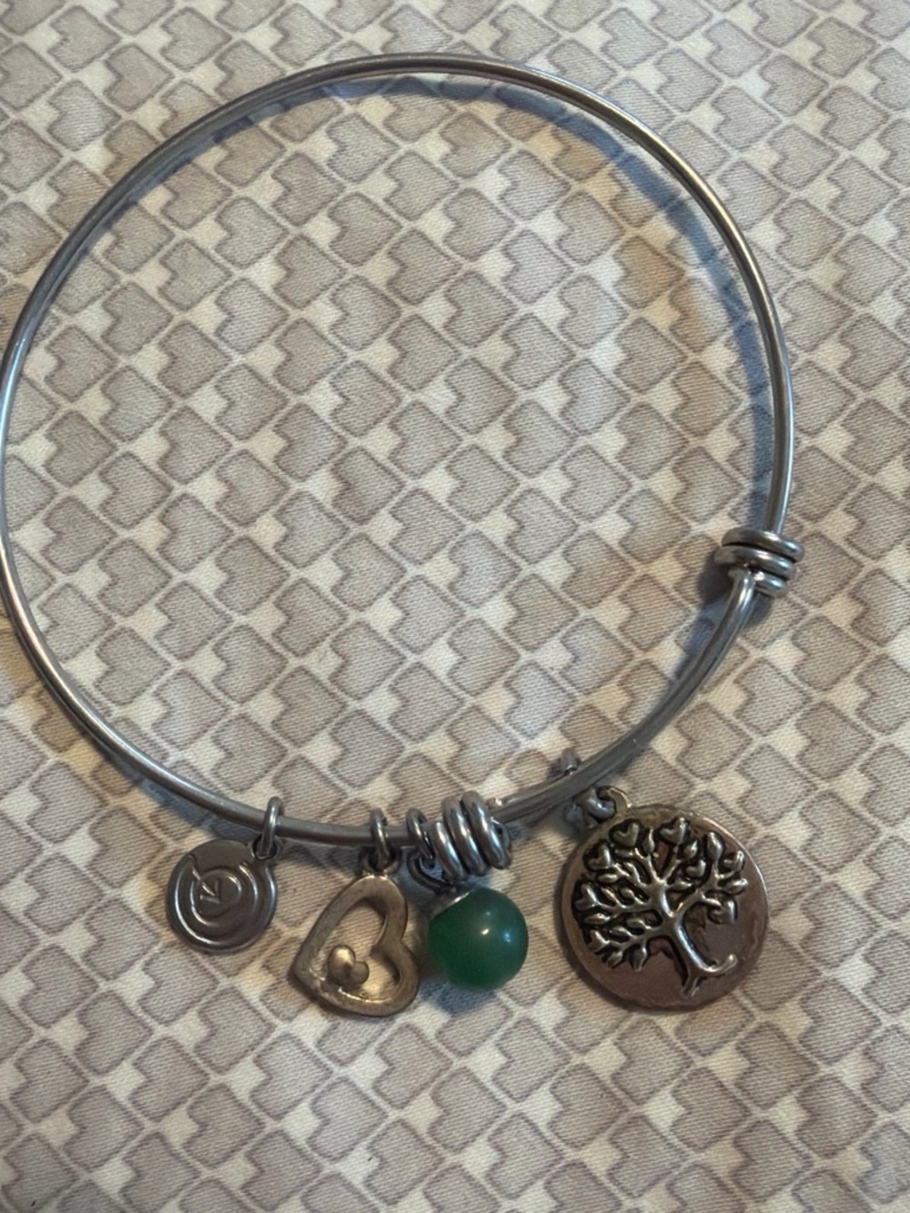 Tree of Life Silver-Tone Charm Bracelet with Green Bead and Heart Accent